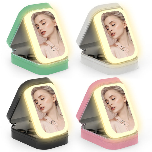 1Pc Portable Travel Makeup Bag With LED Mirror Rechargeable Beauty Mirror With 3 Color Light Dimmable Brightness Waterproof Cosmetic Bag With 4 Compartments Ideal Gift For Women Valentines Day Gift