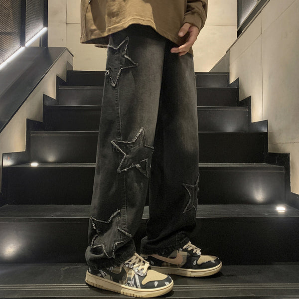 Men's Straight Leg Jeans, Winter High-End Streetwear, Loose Wide-Leg American High Street Vibe Pants